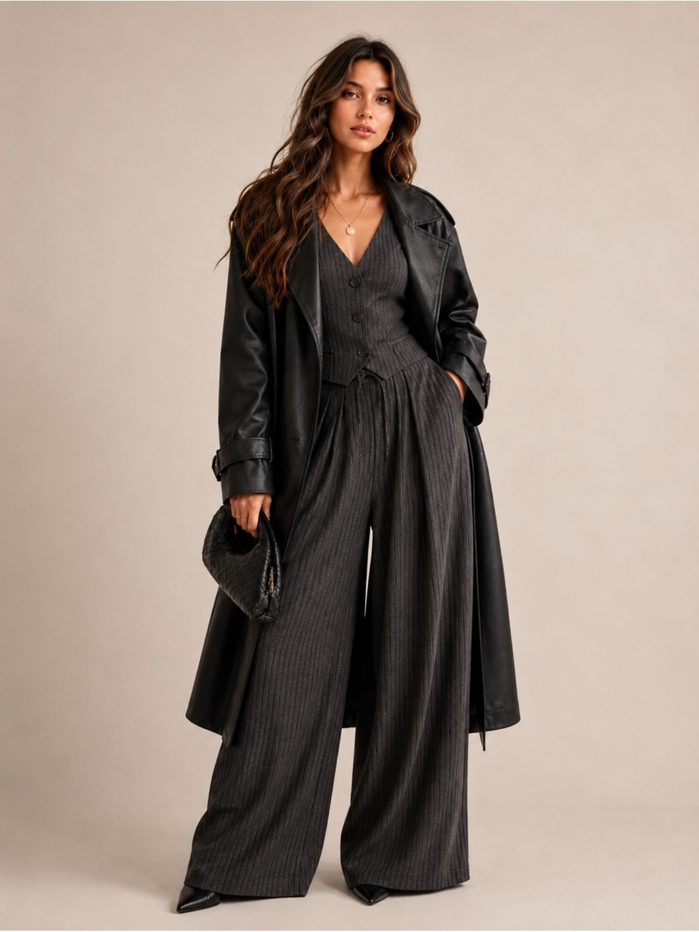 NWT Faux Matte Leather Belted Oversized Long Trench Coat